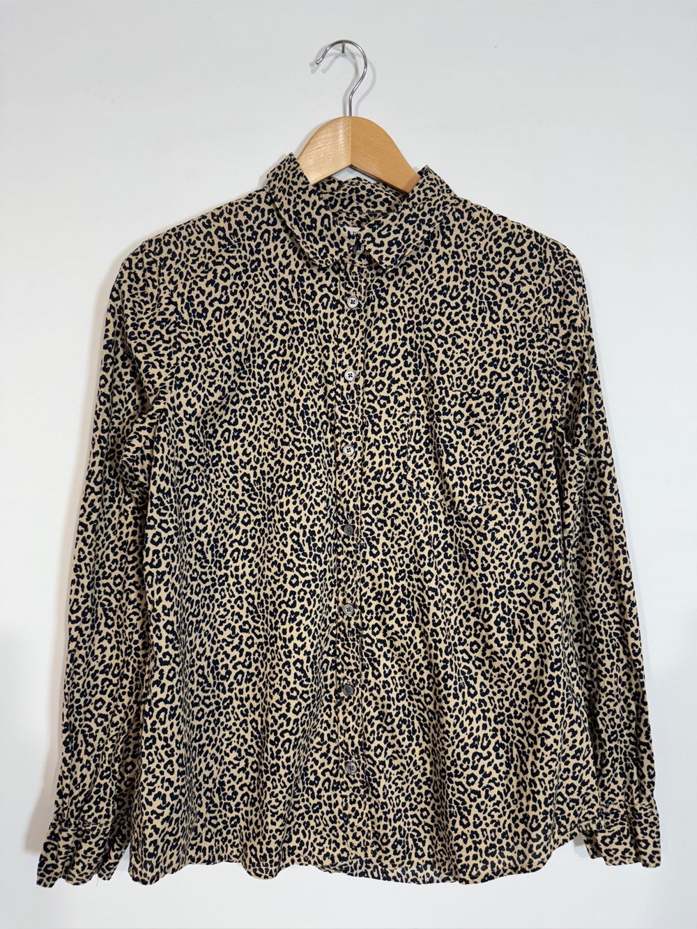 WSH69 {J. Crew} Brown Navy Blue Cheetah Animal Print Long Sleeve Button Down Top